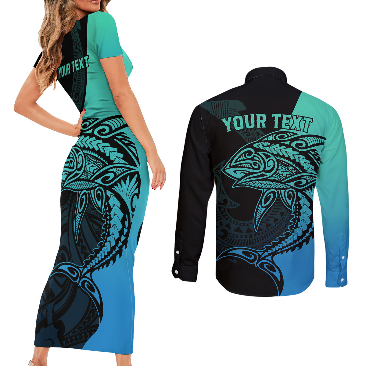 Personalised Polynesia Fishing Couples Matching Short Sleeve Bodycon Dress and Long Sleeve Button Shirts With Maori Hei Matau Fish Hook Turquoise Art LT9 - Polynesian Pride