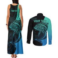 Personalised Polynesia Fishing Couples Matching Tank Maxi Dress and Long Sleeve Button Shirts With Maori Hei Matau Fish Hook Turquoise Art LT9 - Polynesian Pride