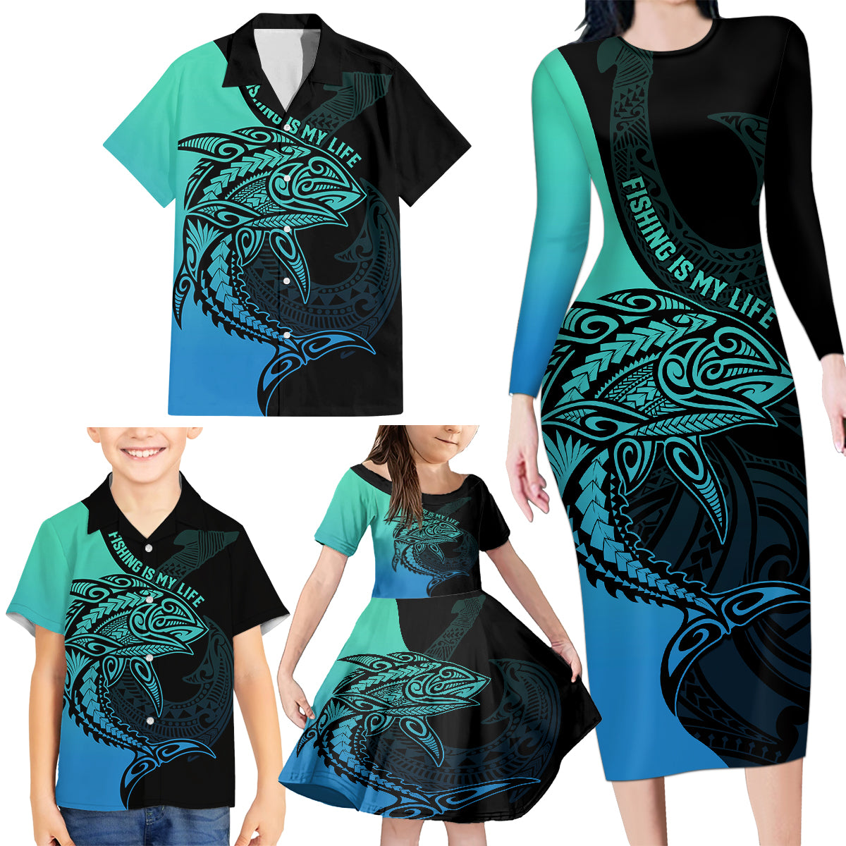 Personalised Polynesia Fishing Family Matching Long Sleeve Bodycon Dress and Hawaiian Shirt With Maori Hei Matau Fish Hook Turquoise Art LT9 - Polynesian Pride