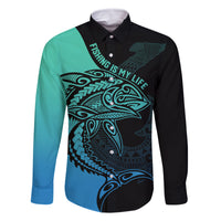 Personalised Polynesia Fishing Family Matching Long Sleeve Bodycon Dress and Hawaiian Shirt With Maori Hei Matau Fish Hook Turquoise Art LT9 Dad's Shirt - Long Sleeve Turquoise - Polynesian Pride