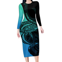 Personalised Polynesia Fishing Family Matching Long Sleeve Bodycon Dress and Hawaiian Shirt With Maori Hei Matau Fish Hook Turquoise Art LT9 Mom's Dress Turquoise - Polynesian Pride
