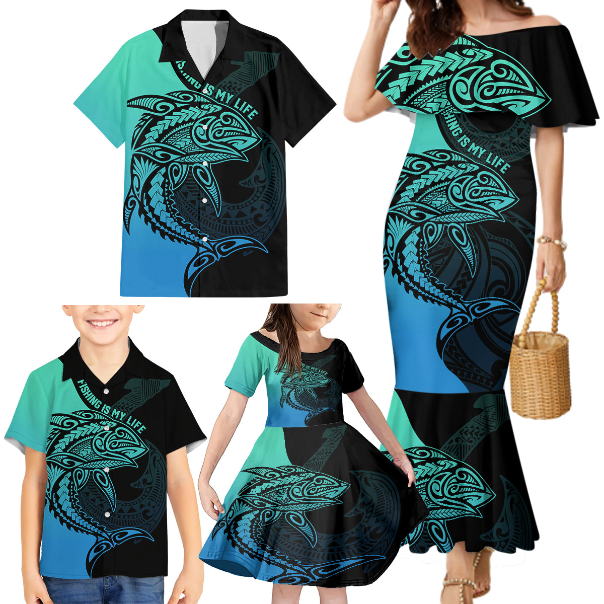 Personalised Polynesia Fishing Family Matching Mermaid Dress and Hawaiian Shirt With Maori Hei Matau Fish Hook Turquoise Art LT9 - Polynesian Pride