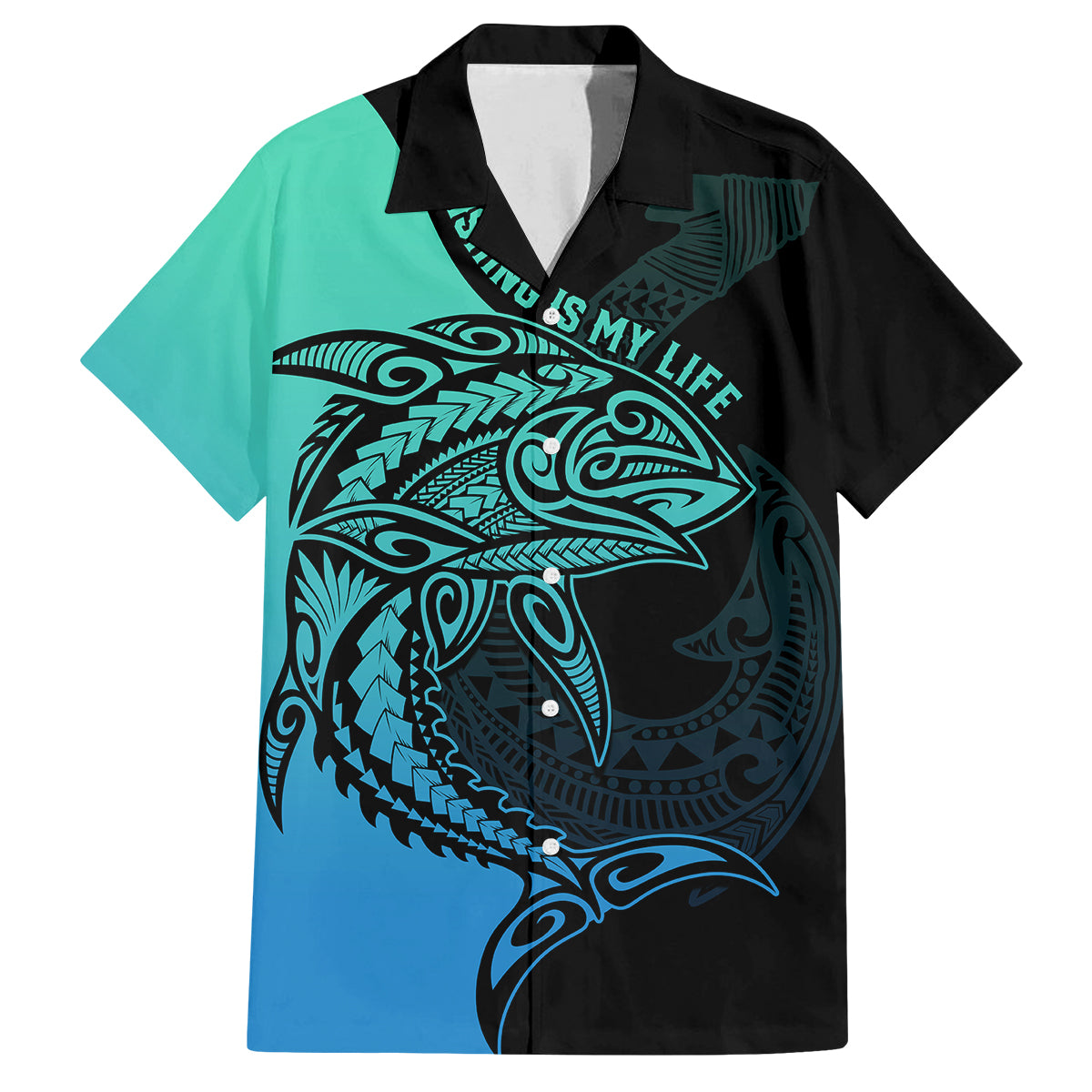 Personalised Polynesia Fishing Family Matching Off Shoulder Maxi Dress and Hawaiian Shirt With Maori Hei Matau Fish Hook Turquoise Art LT9 Dad's Shirt - Short Sleeve Turquoise - Polynesian Pride