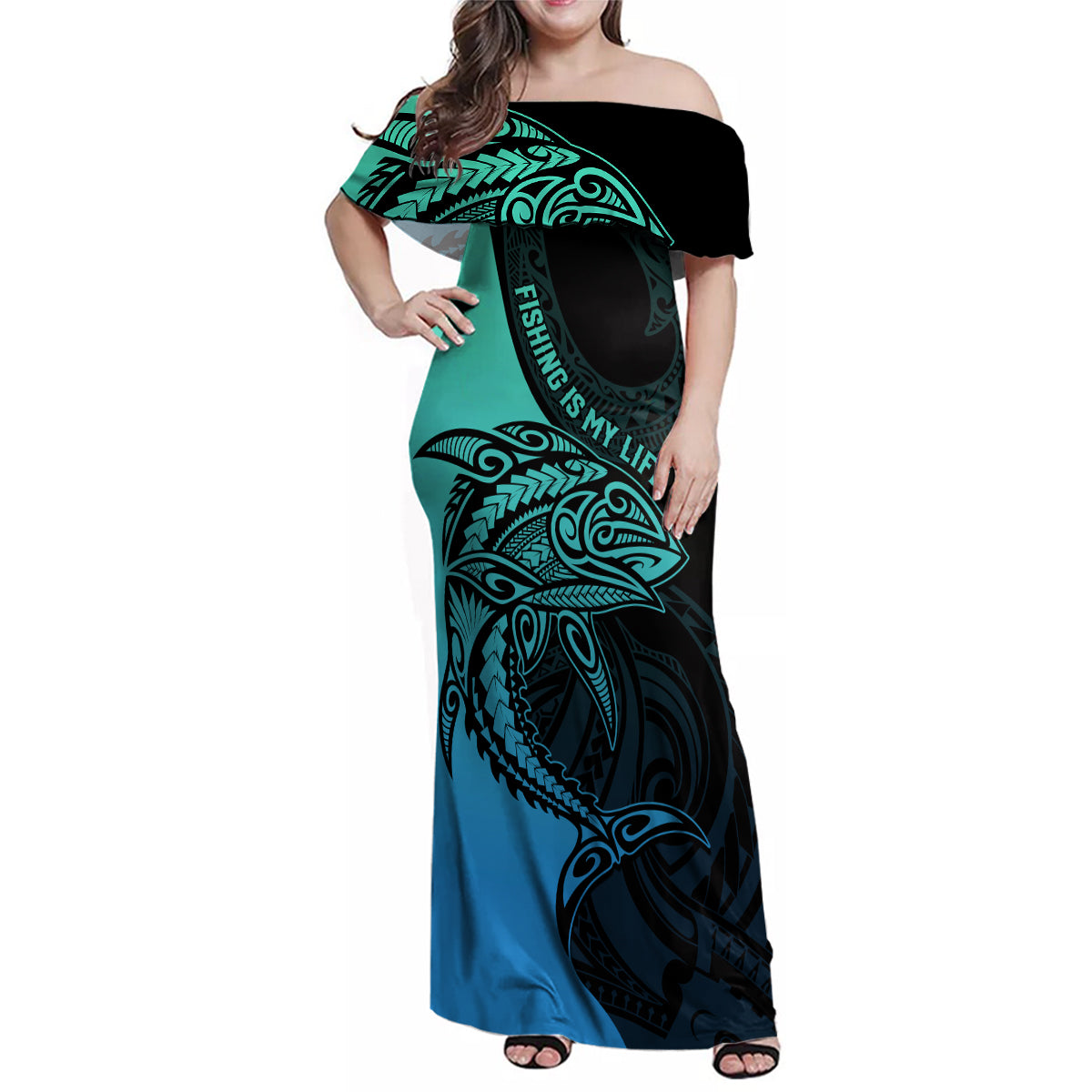 Personalised Polynesia Fishing Family Matching Off Shoulder Maxi Dress and Hawaiian Shirt With Maori Hei Matau Fish Hook Turquoise Art LT9 Mom's Dress Turquoise - Polynesian Pride