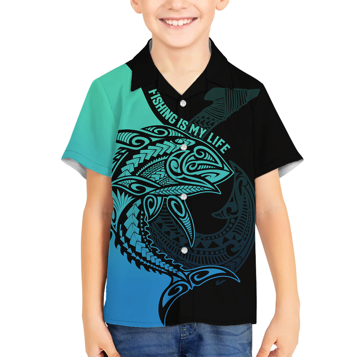 Personalised Polynesia Fishing Family Matching Off Shoulder Maxi Dress and Hawaiian Shirt With Maori Hei Matau Fish Hook Turquoise Art LT9 Son's Shirt Turquoise - Polynesian Pride