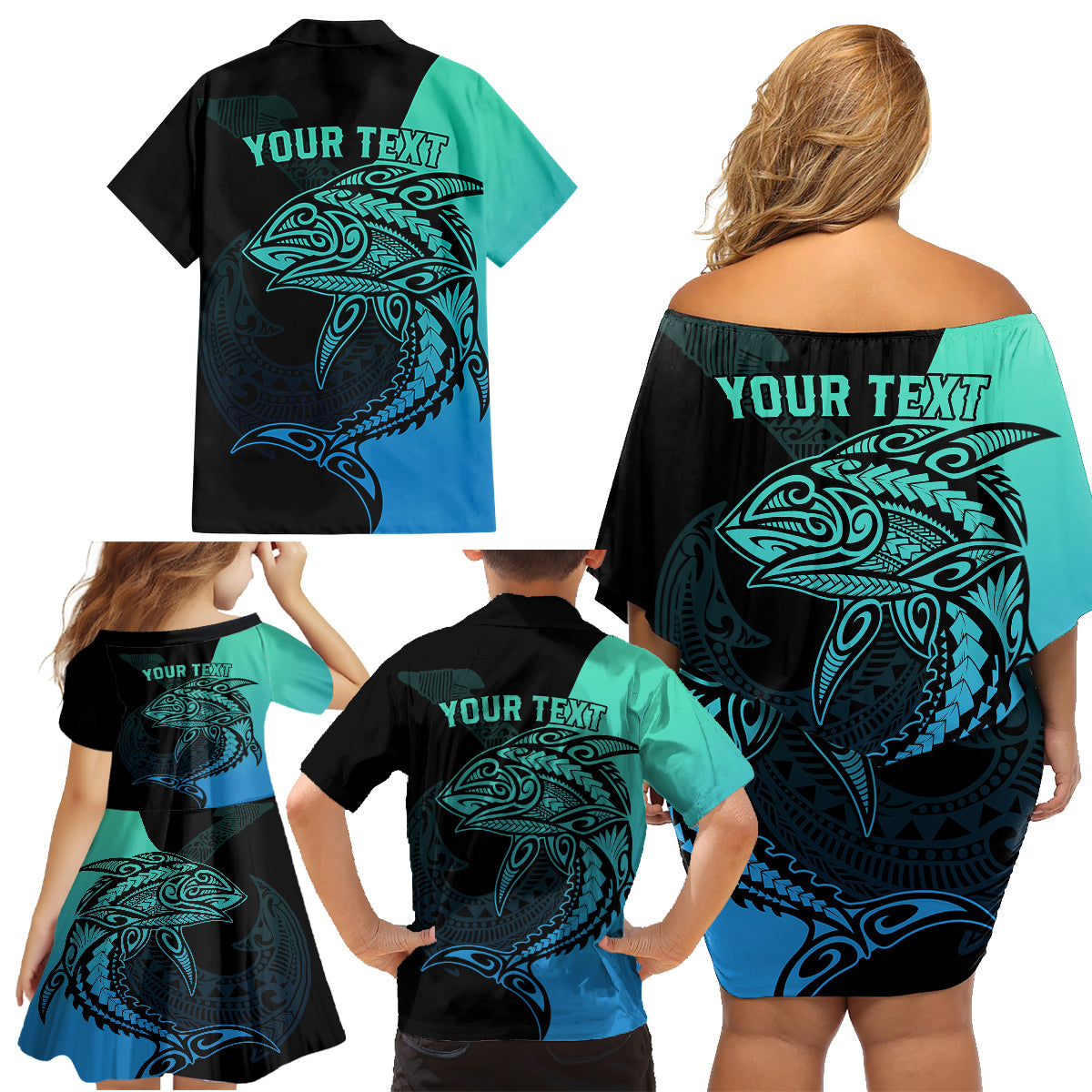 Personalised Polynesia Fishing Family Matching Off Shoulder Short Dress and Hawaiian Shirt With Maori Hei Matau Fish Hook Turquoise Art LT9 - Polynesian Pride