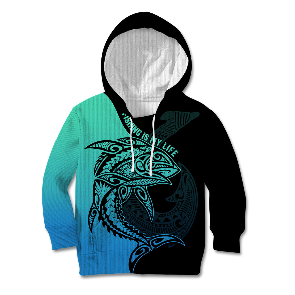 Personalised Polynesia Fishing Kid Hoodie With Maori Hei Matau Fish Hook Turquoise Art LT9 Hoodie Turquoise - Polynesian Pride