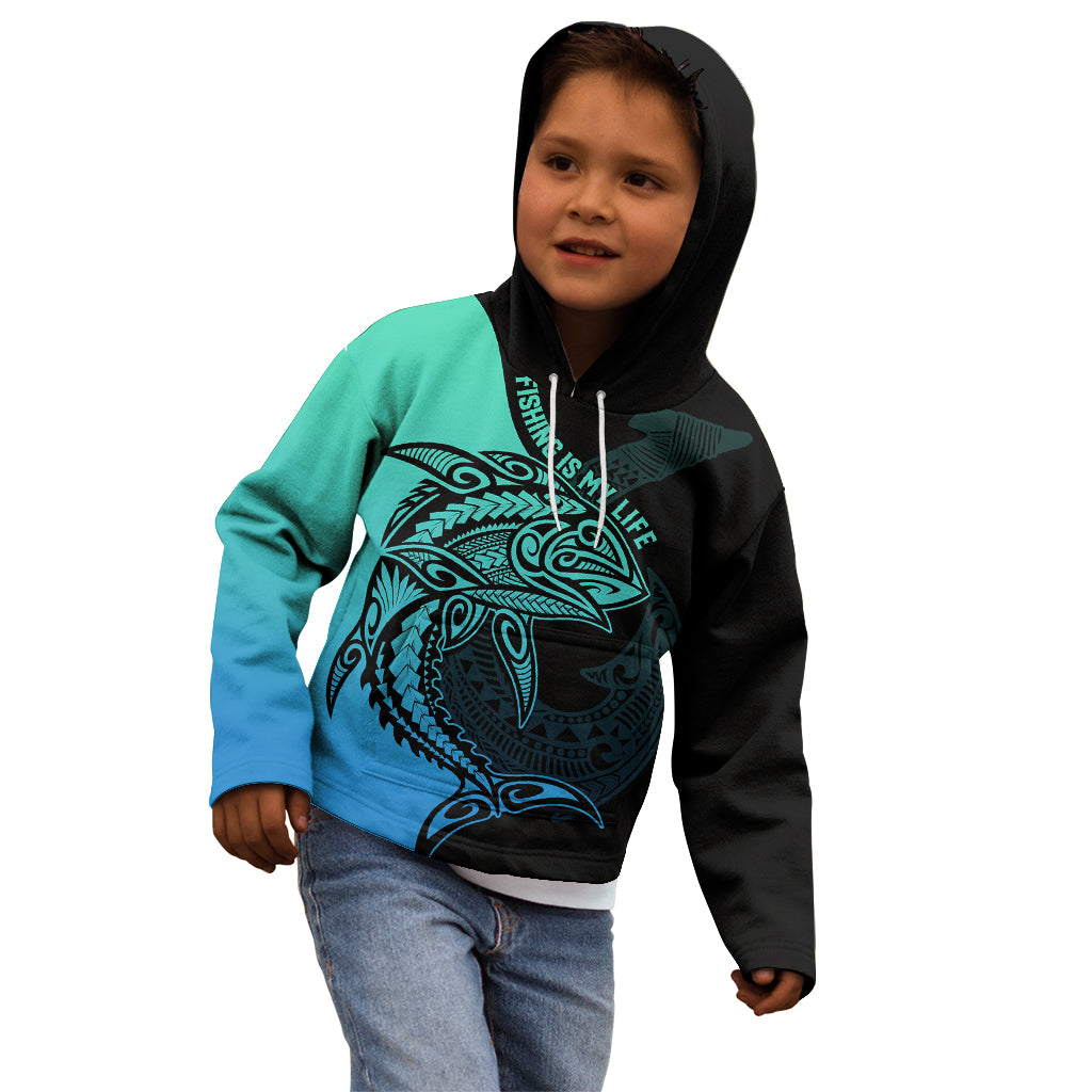 Personalised Polynesia Fishing Kid Hoodie With Maori Hei Matau Fish Hook Turquoise Art LT9 - Polynesian Pride