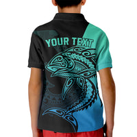Personalised Polynesia Fishing Kid Polo Shirt With Maori Hei Matau Fish Hook Turquoise Art LT9 - Polynesian Pride