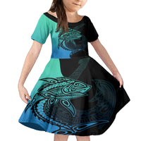 Personalised Polynesia Fishing Kid Short Sleeve Dress With Maori Hei Matau Fish Hook Turquoise Art LT9 KID Turquoise - Polynesian Pride