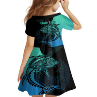Personalised Polynesia Fishing Kid Short Sleeve Dress With Maori Hei Matau Fish Hook Turquoise Art LT9 - Polynesian Pride