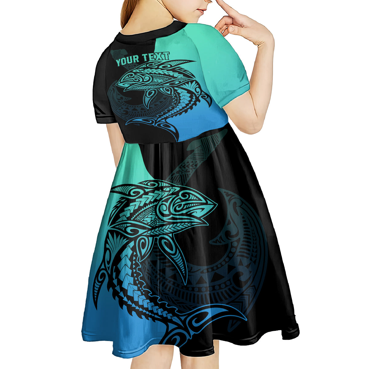 Personalised Polynesia Fishing Kid Short Sleeve Dress With Maori Hei Matau Fish Hook Turquoise Art LT9 - Polynesian Pride