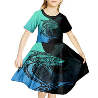 Personalised Polynesia Fishing Kid Short Sleeve Dress With Maori Hei Matau Fish Hook Turquoise Art LT9 - Polynesian Pride