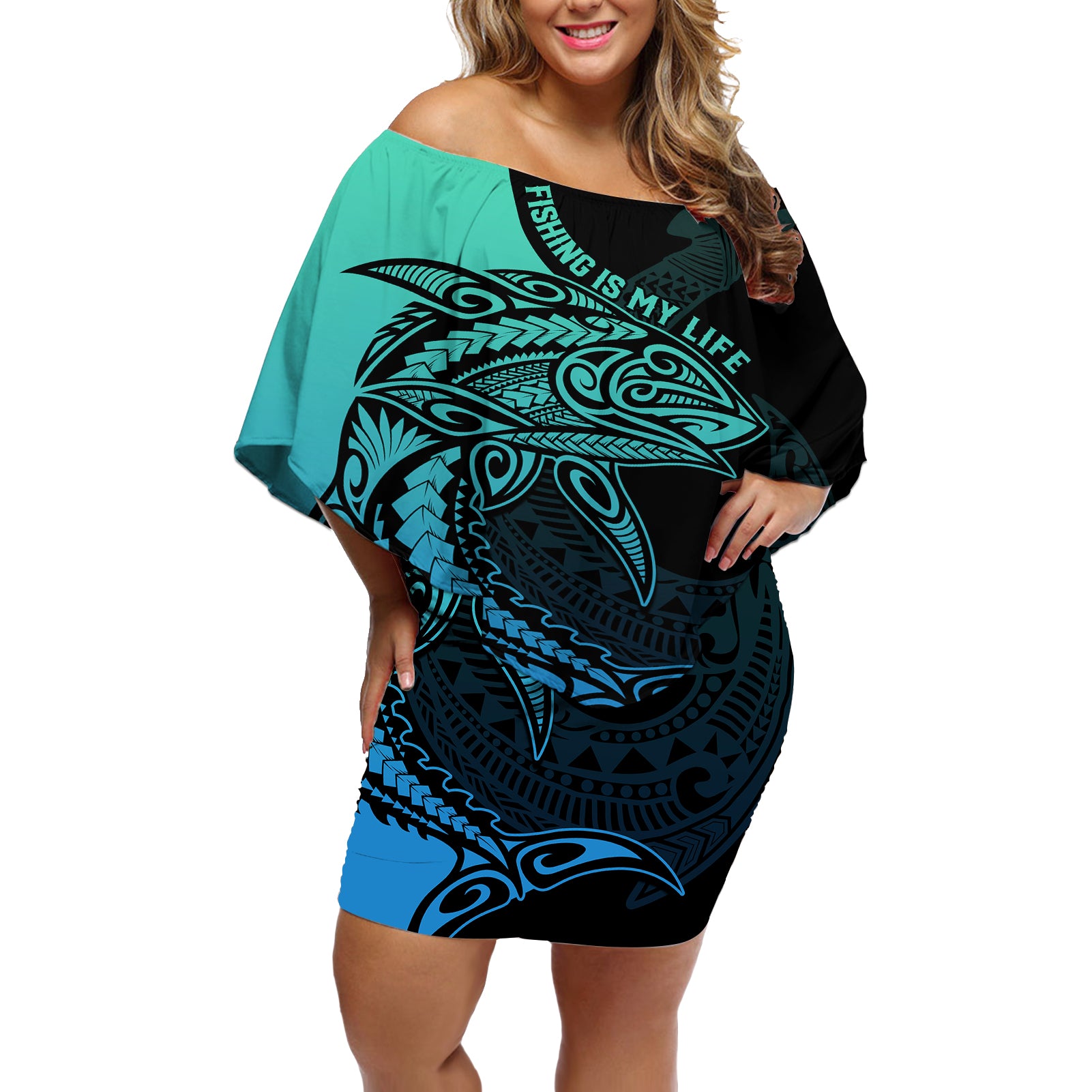 personalised-polynesia-fishing-off-shoulder-short-dress-with-maori-hei-matau-fish-hook-turquoise-art
