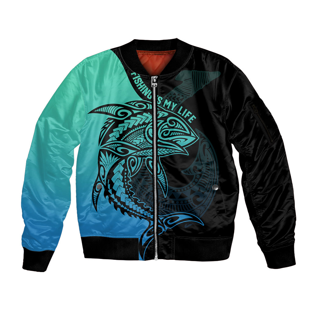 personalised-polynesia-fishing-sleeve-zip-bomber-jacket-with-maori-hei-matau-fish-hook-turquoise-art