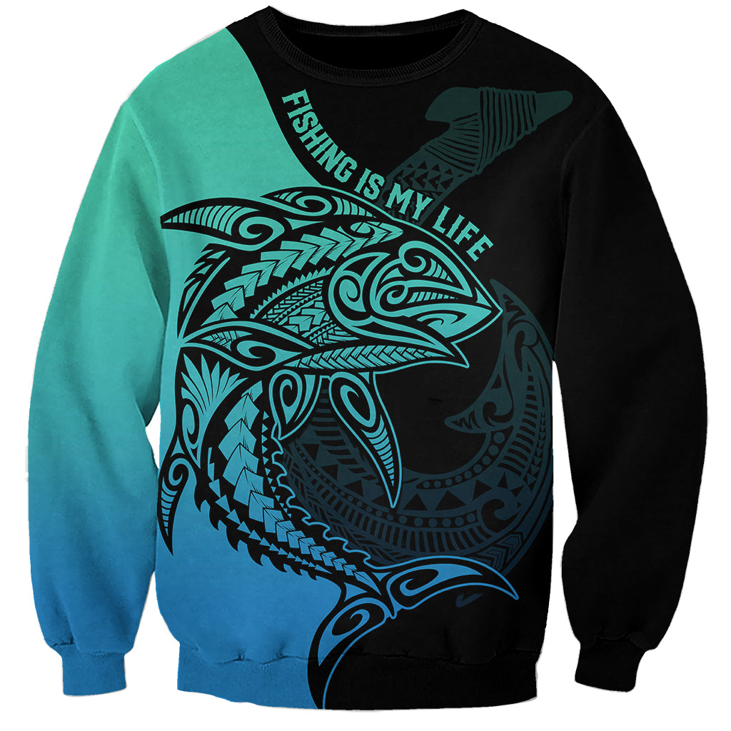 personalised-polynesia-fishing-sweatshirt-with-maori-hei-matau-fish-hook-turquoise-art