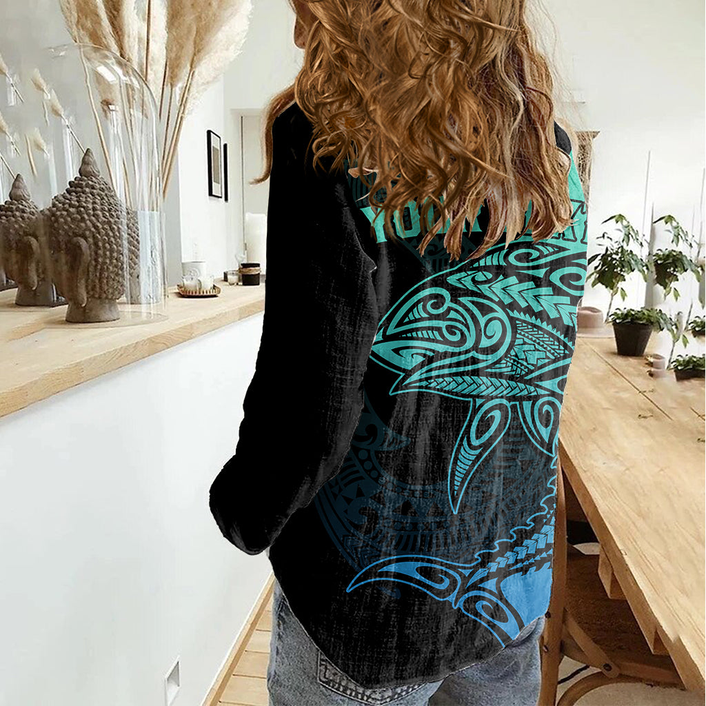 Personalised Polynesia Fishing Women Casual Shirt With Maori Hei Matau Fish Hook Turquoise Art LT9 - Polynesian Pride