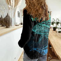 Personalised Polynesia Fishing Women Casual Shirt With Maori Hei Matau Fish Hook Turquoise Art LT9 - Polynesian Pride