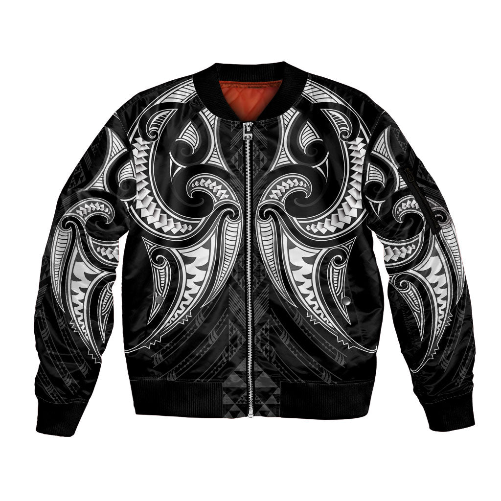 Maori Rugby Custom Ngaru Mangopare Sleeve Zip Bomber Jacket Black Whetu Niho Taniwha Motif LT9 Unisex Black - Polynesian Pride