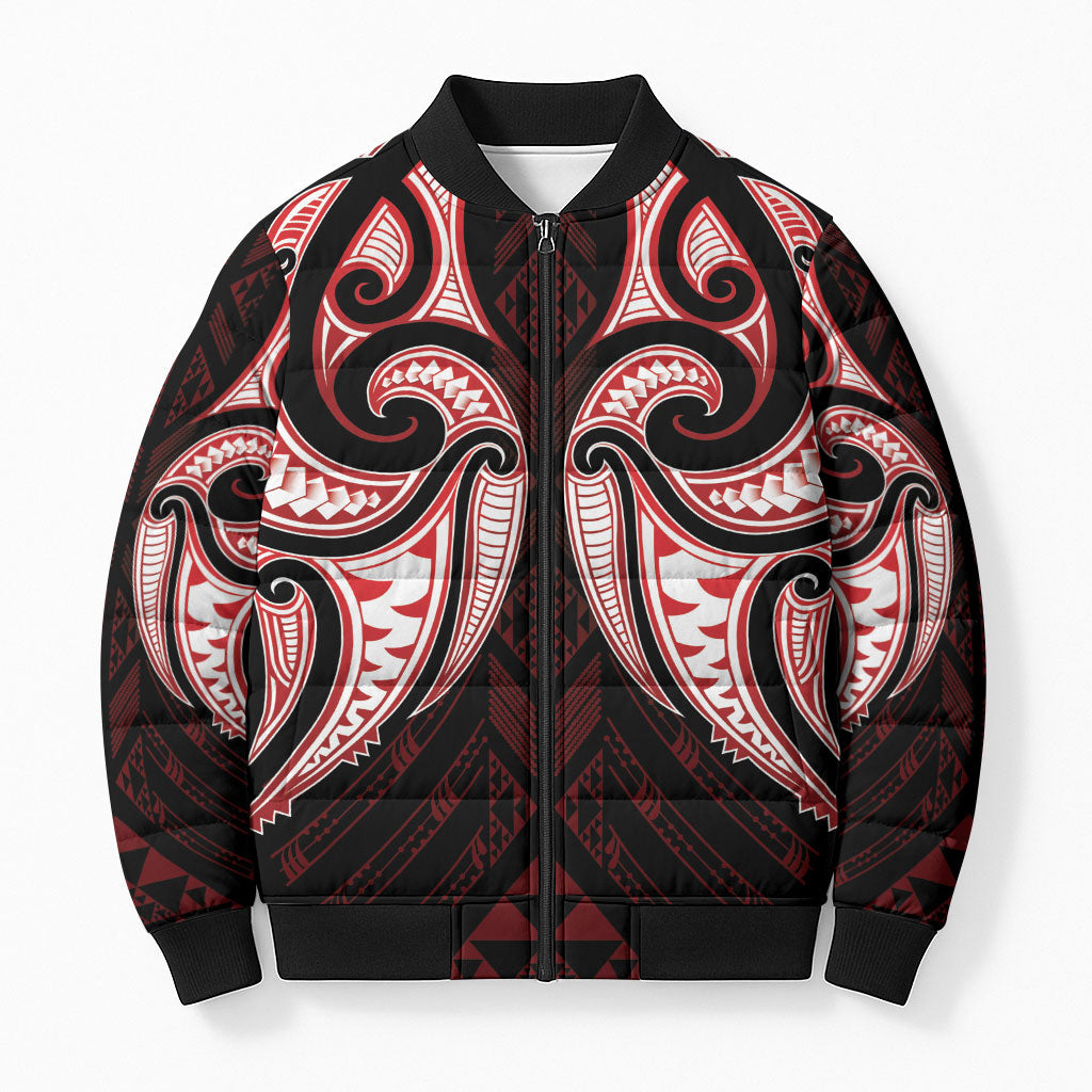 Maori Rugby Custom Ngaru Mangopare Bomber Puffer Jacket Black Red Whetu Niho Taniwha Motif LT9 Unisex Red - Polynesian Pride