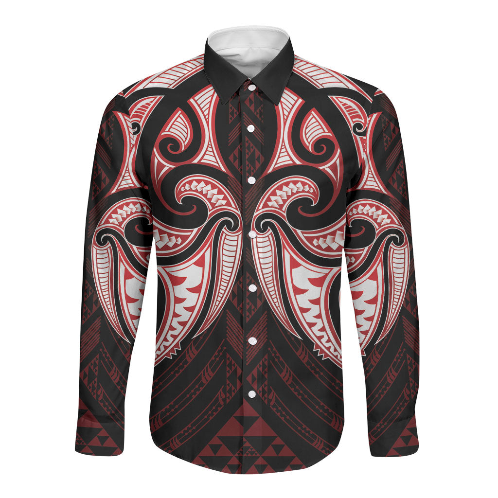Maori Rugby Custom Ngaru Mangopare Long Sleeve Button Shirt Black Red Whetu Niho Taniwha Motif LT9 Unisex Red - Polynesian Pride