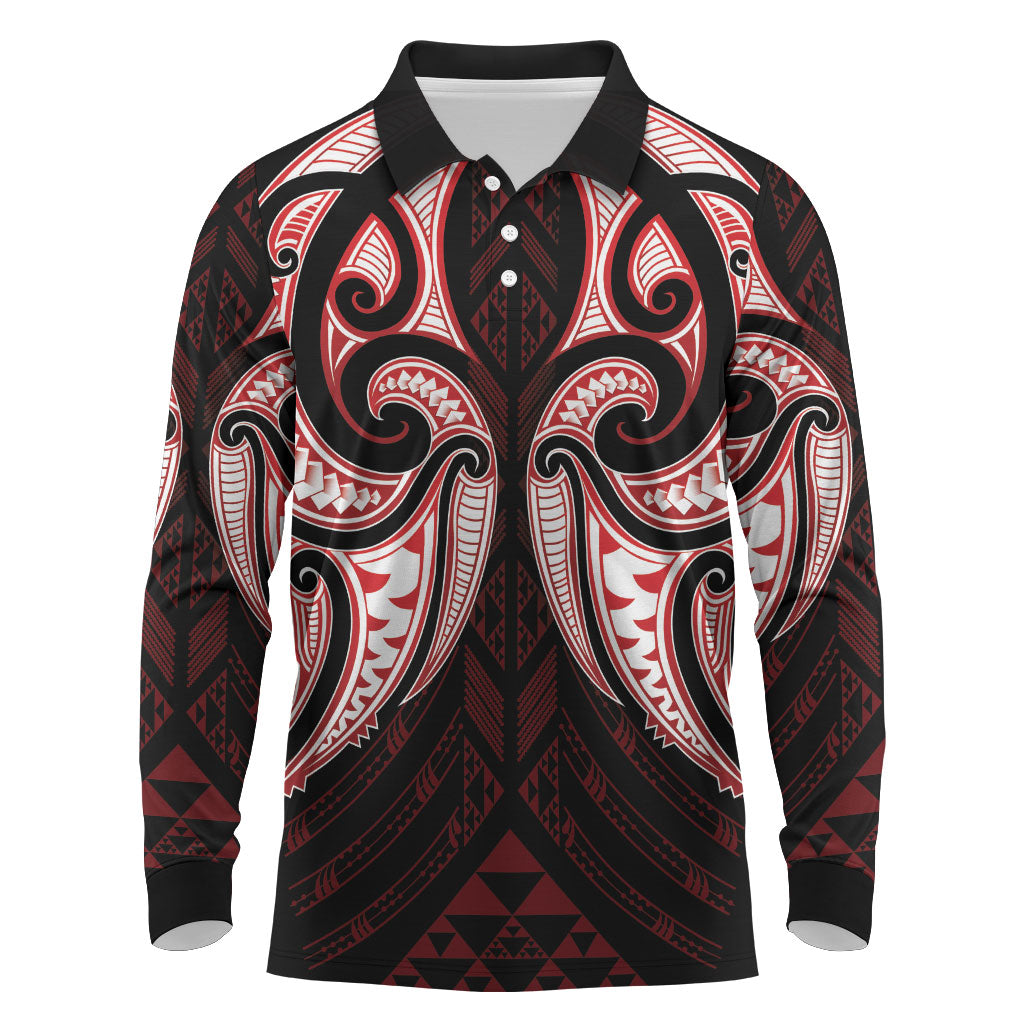 Maori Rugby Custom Ngaru Mangopare Long Sleeve Polo Shirt Black Red Whetu Niho Taniwha Motif LT9 Red - Polynesian Pride