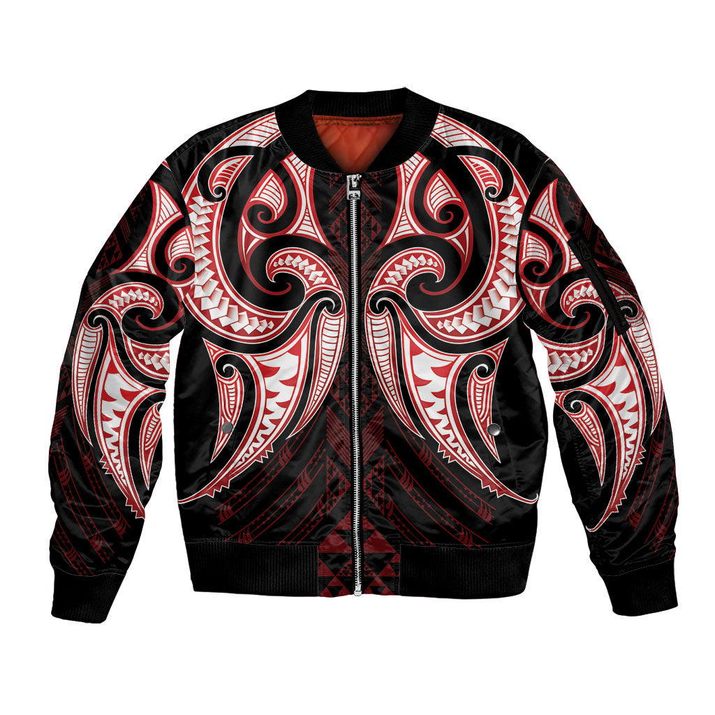 Maori Rugby Custom Ngaru Mangopare Sleeve Zip Bomber Jacket Black Red Whetu Niho Taniwha Motif LT9 Unisex Red - Polynesian Pride