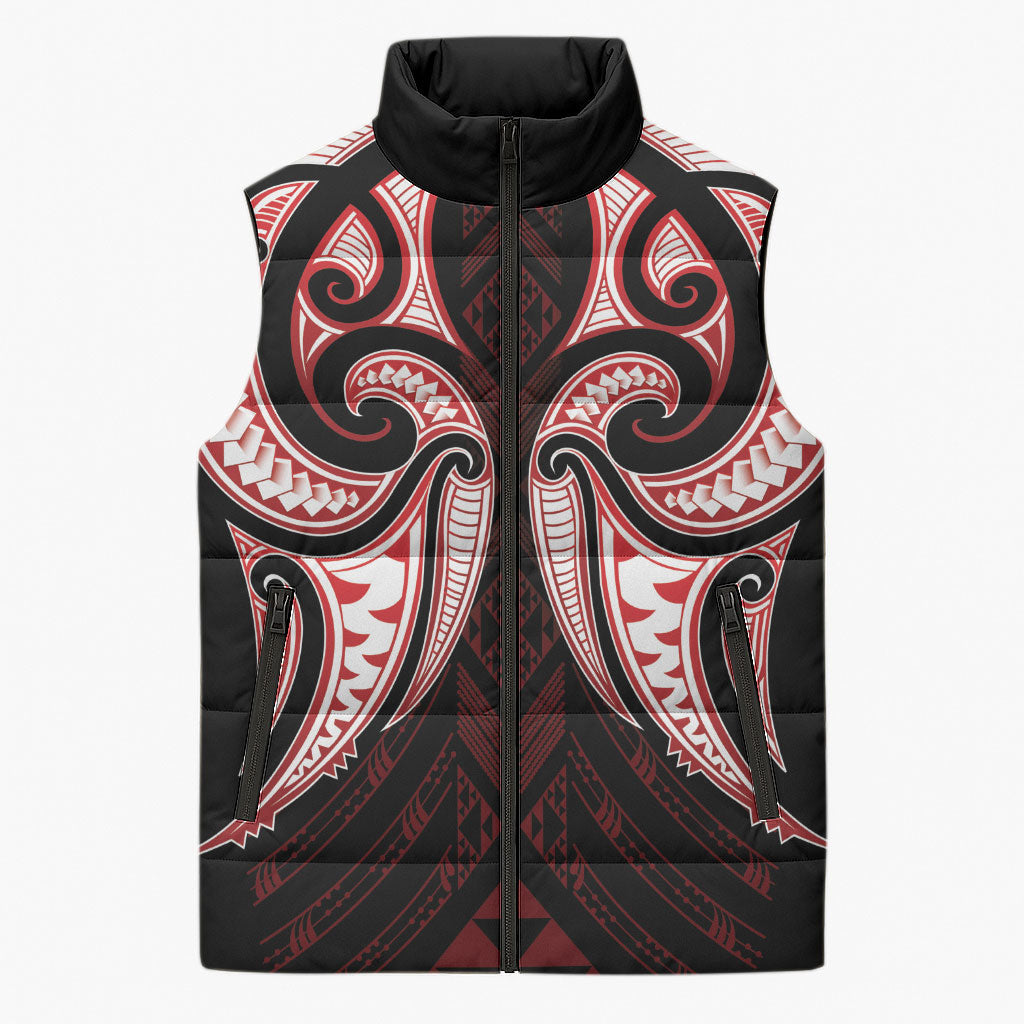 Maori Rugby Custom Ngaru Mangopare Sleeveless Puffer Jacket Black Red Whetu Niho Taniwha Motif LT9 Unisex Red - Polynesian Pride