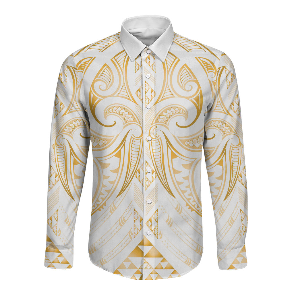 Maori Rugby Custom Ngaru Mangopare Long Sleeve Button Shirt Koura Niho Taniwha Motif LT9 Unisex Gold - Polynesian Pride