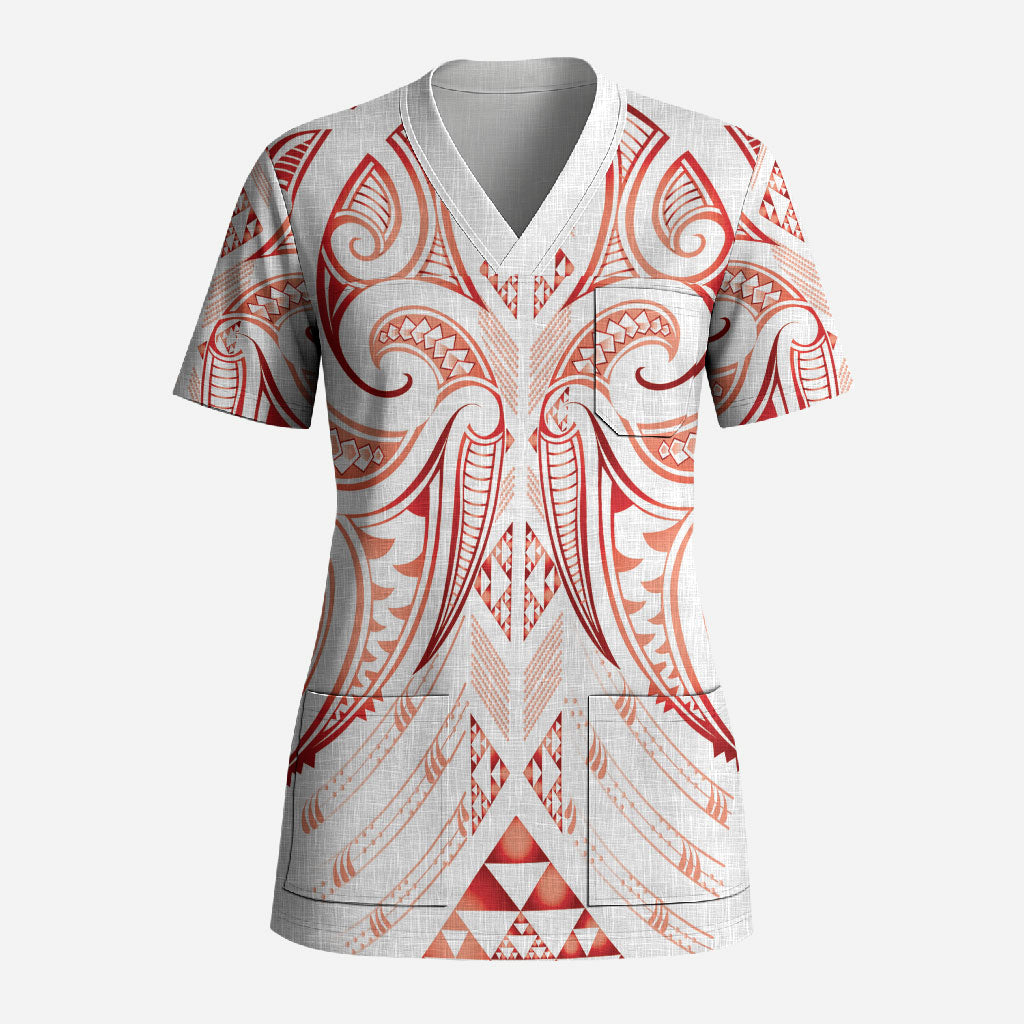 Maori Rugby Custom Ngaru Mangopare Scrub Top Whero Niho Taniwha Motif LT9 Adult Red - Polynesian Pride