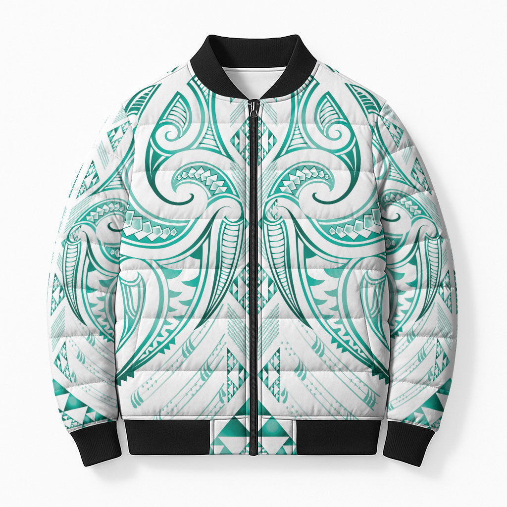 Maori Rugby Custom Ngaru Mangopare Bomber Puffer Jacket Karikiorangi Taniwha Motif LT9 Unisex Turquoise - Polynesian Pride