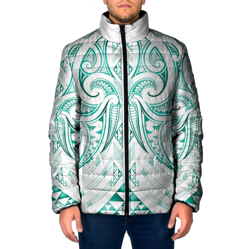 Maori Rugby Custom Ngaru Mangopare Padded Jacket Karikiorangi Taniwha Motif LT9 Men Turquoise - Polynesian Pride