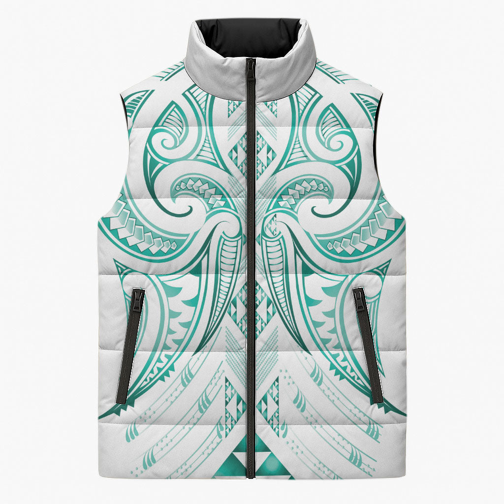 Maori Rugby Custom Ngaru Mangopare Sleeveless Puffer Jacket Karikiorangi Taniwha Motif LT9 Unisex Turquoise - Polynesian Pride