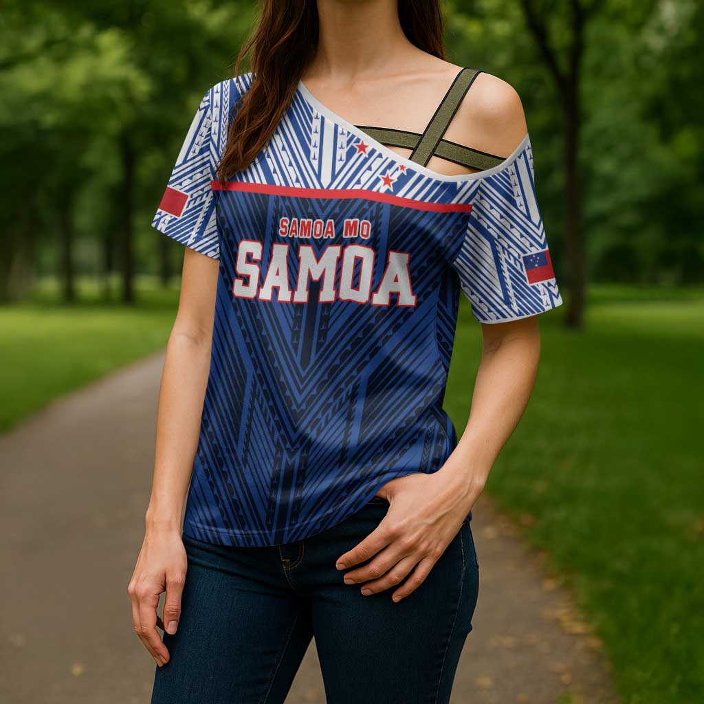 Custom Rugby Toa Samoa Cross Shoulder Shirt Samoa mo Samoa Island Warrior Pride - Polynesian Pride