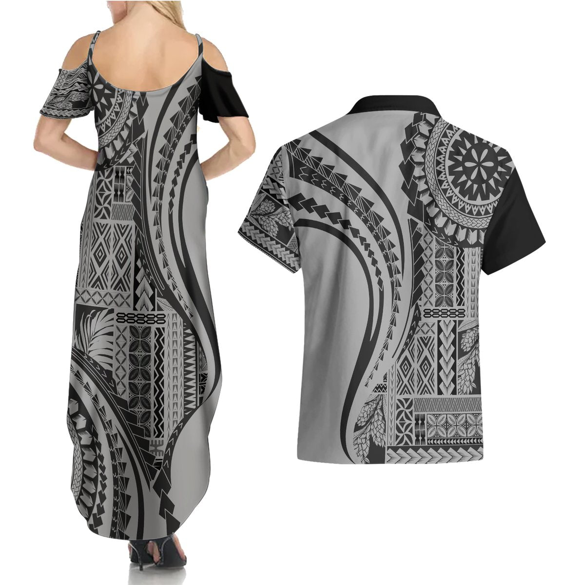 Samoa Siapo Arty Couples Matching Summer Maxi Dress and Hawaiian Shirt Black Style LT9 - Polynesian Pride