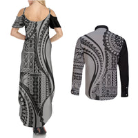 Samoa Siapo Arty Couples Matching Summer Maxi Dress and Long Sleeve Button Shirt Black Style LT9 - Polynesian Pride