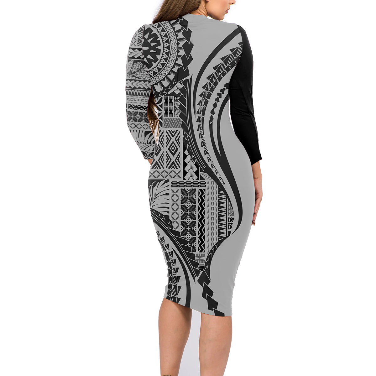 Samoa Siapo Arty Family Matching Long Sleeve Bodycon Dress and Hawaiian Shirt Black Style LT9 - Polynesian Pride