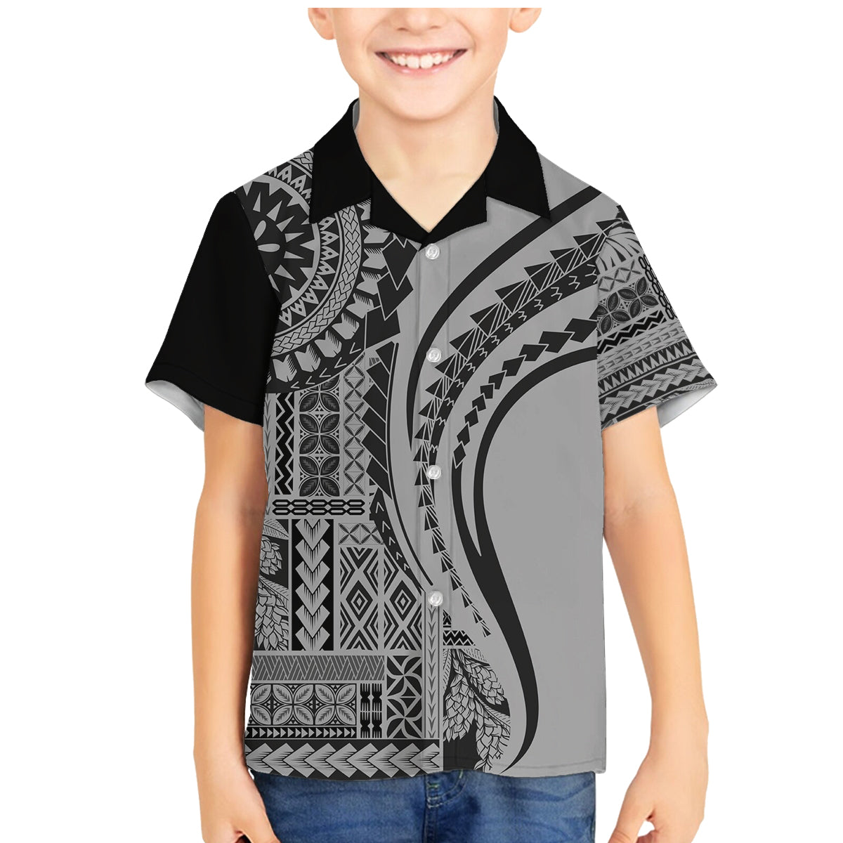 Samoa Siapo Arty Family Matching Mermaid Dress and Hawaiian Shirt Black Style LT9 Son's Shirt Black - Polynesian Pride