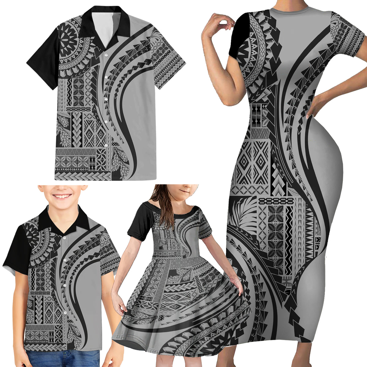 Samoa Siapo Arty Family Matching Short Sleeve Bodycon Dress and Hawaiian Shirt Black Style LT9 - Polynesian Pride
