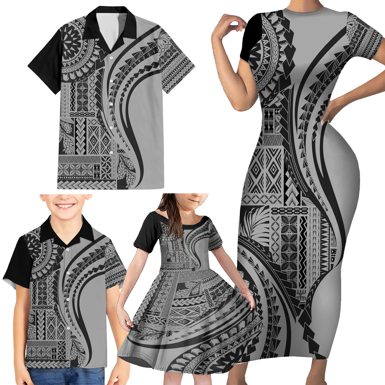 Samoa Siapo Arty Family Matching Short Sleeve Bodycon Dress and Hawaiian Shirt Black Style LT9 - Polynesian Pride