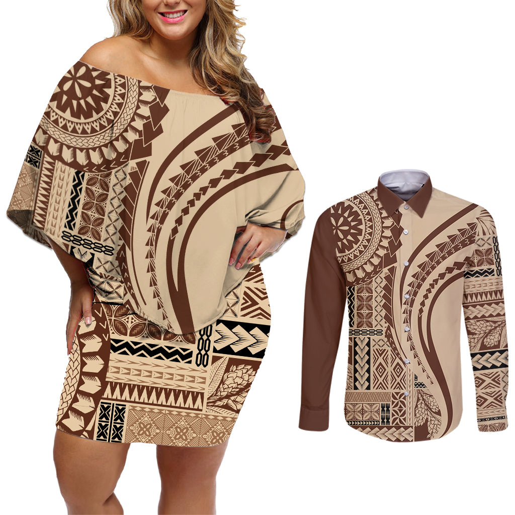 Samoa Siapo Arty Couples Matching Off Shoulder Short Dress and Long Sleeve Button Shirt Brown Style LT9 Brown - Polynesian Pride