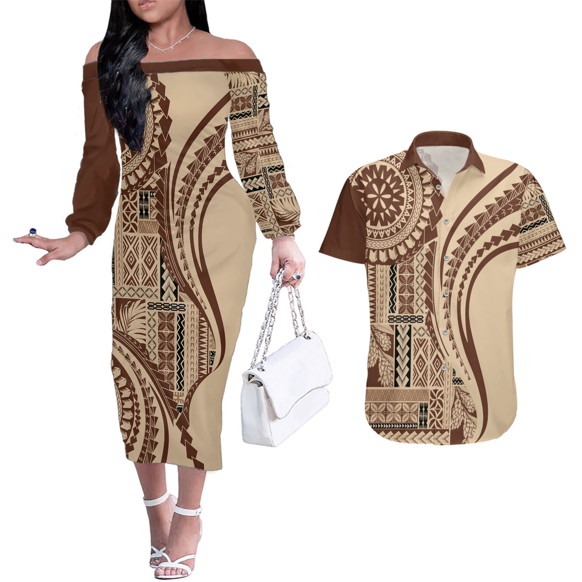 Samoa Siapo Arty Couples Matching Off The Shoulder Long Sleeve Dress and Hawaiian Shirt Brown Style LT9 Brown - Polynesian Pride