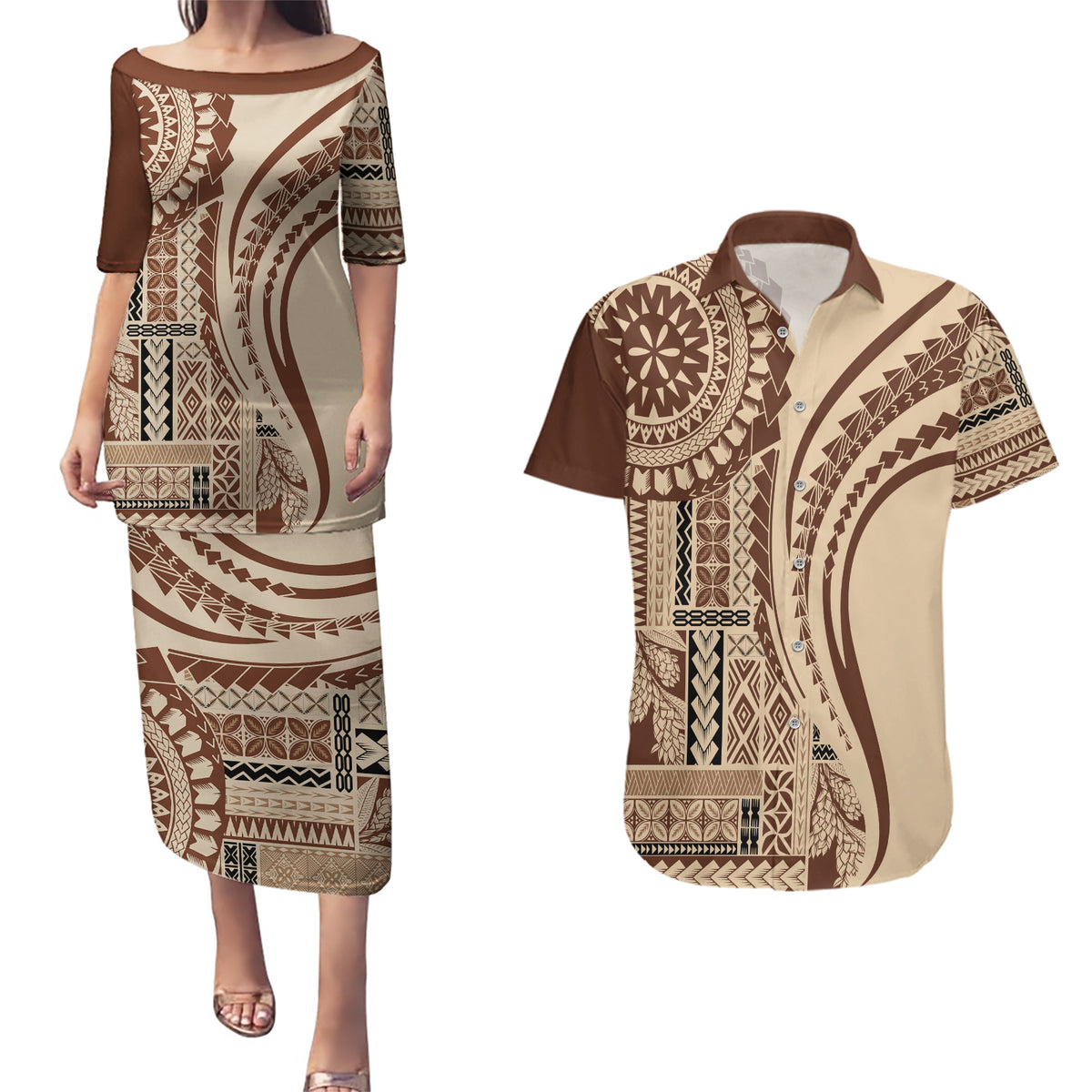Samoa Siapo Arty Couples Matching Puletasi Dress and Hawaiian Shirt Brown Style LT9 Brown - Polynesian Pride