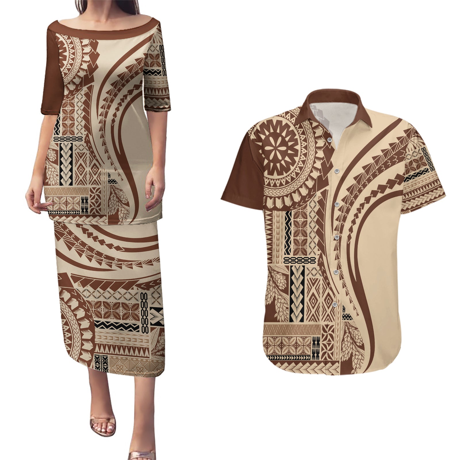 Samoa Siapo Arty Couples Matching Puletasi Dress and Hawaiian Shirt Brown Style LT9 Brown - Polynesian Pride
