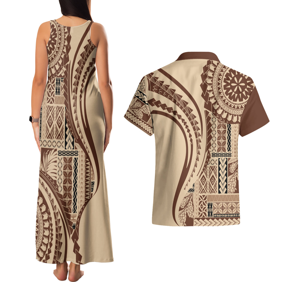 Samoa Siapo Arty Couples Matching Tank Maxi Dress and Hawaiian Shirt Brown Style LT9 - Polynesian Pride