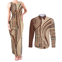 Samoa Siapo Arty Couples Matching Tank Maxi Dress and Long Sleeve Button Shirt Brown Style LT9 Brown - Polynesian Pride