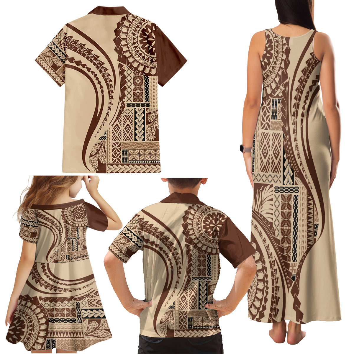 Samoa Siapo Arty Family Matching Tank Maxi Dress and Hawaiian Shirt Brown Style LT9 - Polynesian Pride