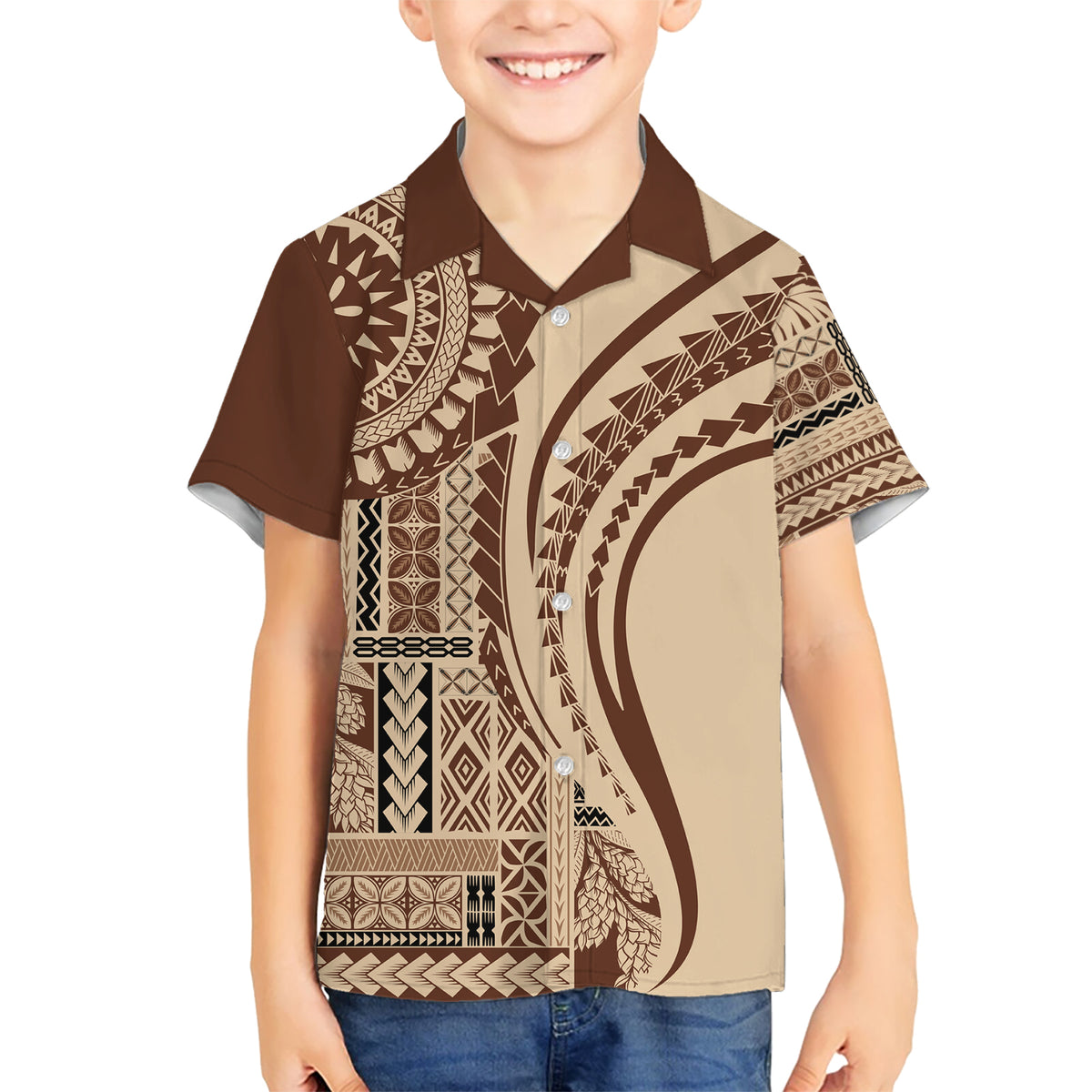 Samoa Siapo Arty Kid Hawaiian Shirt Brown Style LT9 Kid Brown - Polynesian Pride