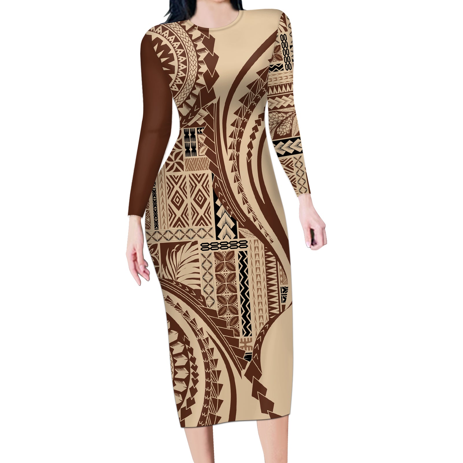 Samoa Siapo Arty Long Sleeve Bodycon Dress Brown Style LT9 Long Dress Brown - Polynesian Pride