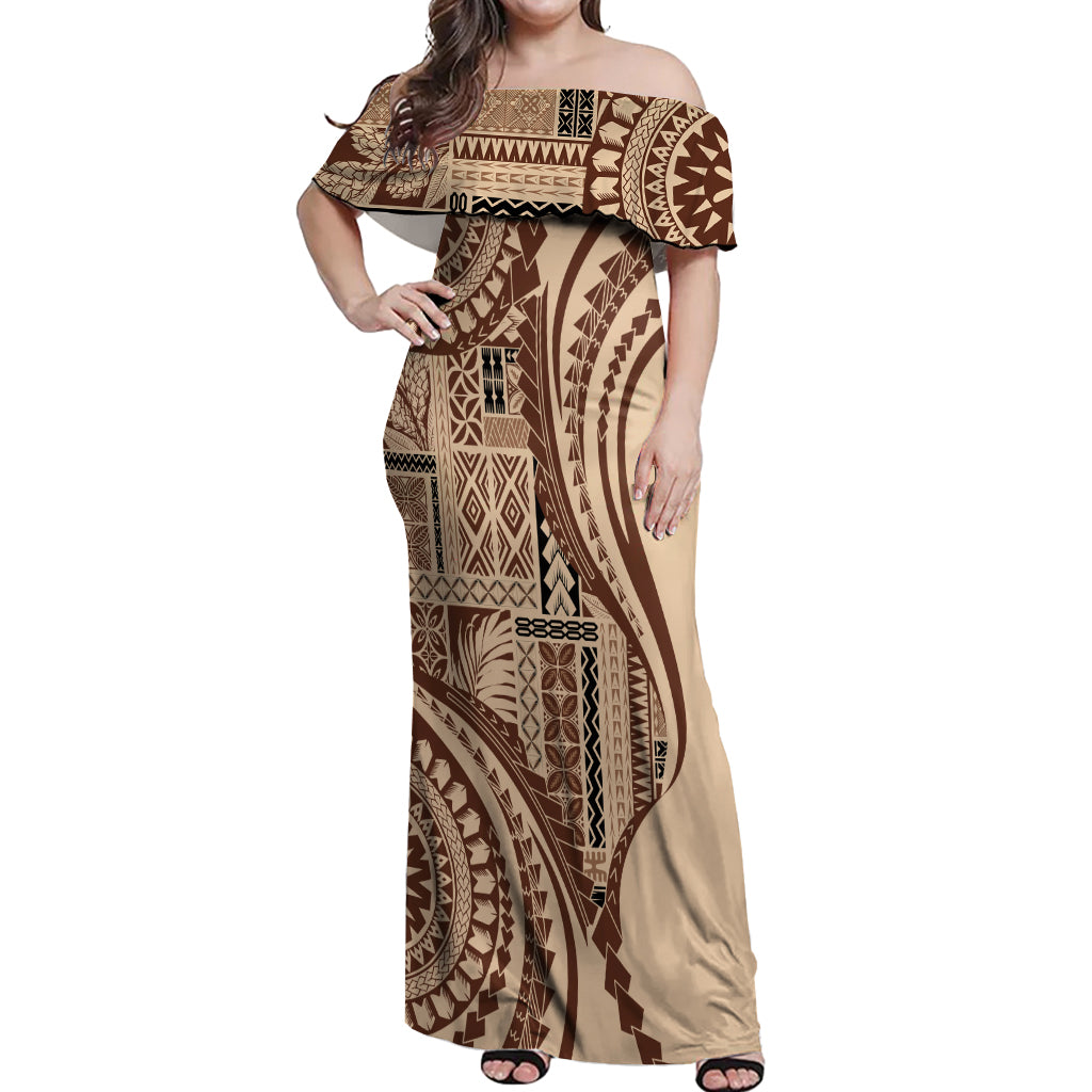 Samoa Siapo Arty Off Shoulder Maxi Dress Brown Style LT9 Women Brown - Polynesian Pride